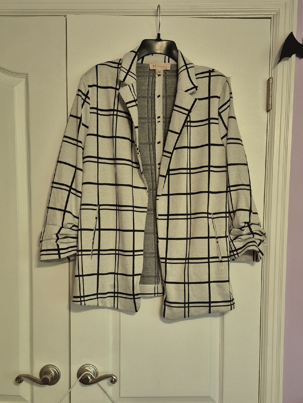 PHILOSOPHY Plaid Open-Front Women's Relaxed Blazer - Gray & Black
